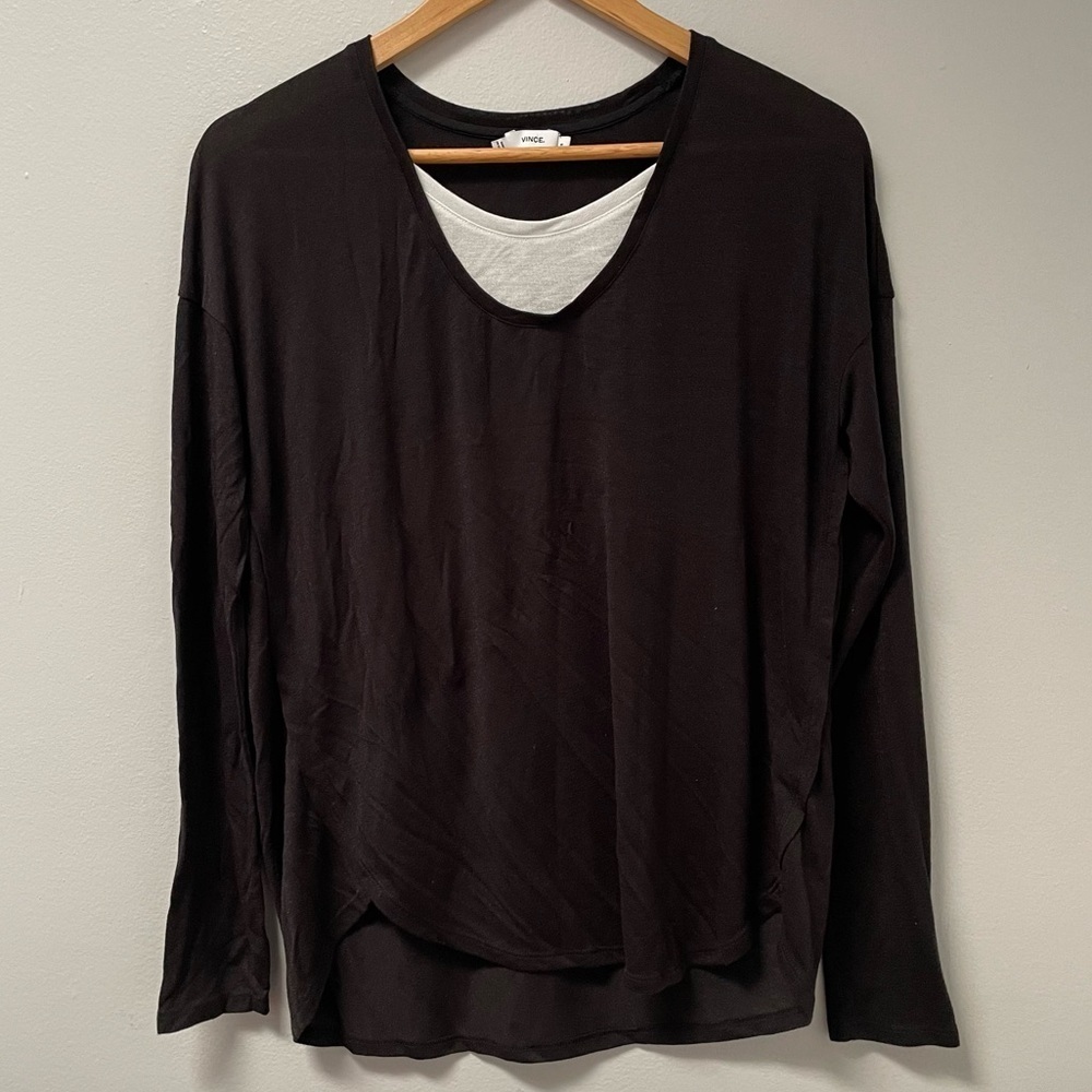 Vince Womens Sz S Top Black White Long Sleeve Semi Sheer Dropped Shoulder